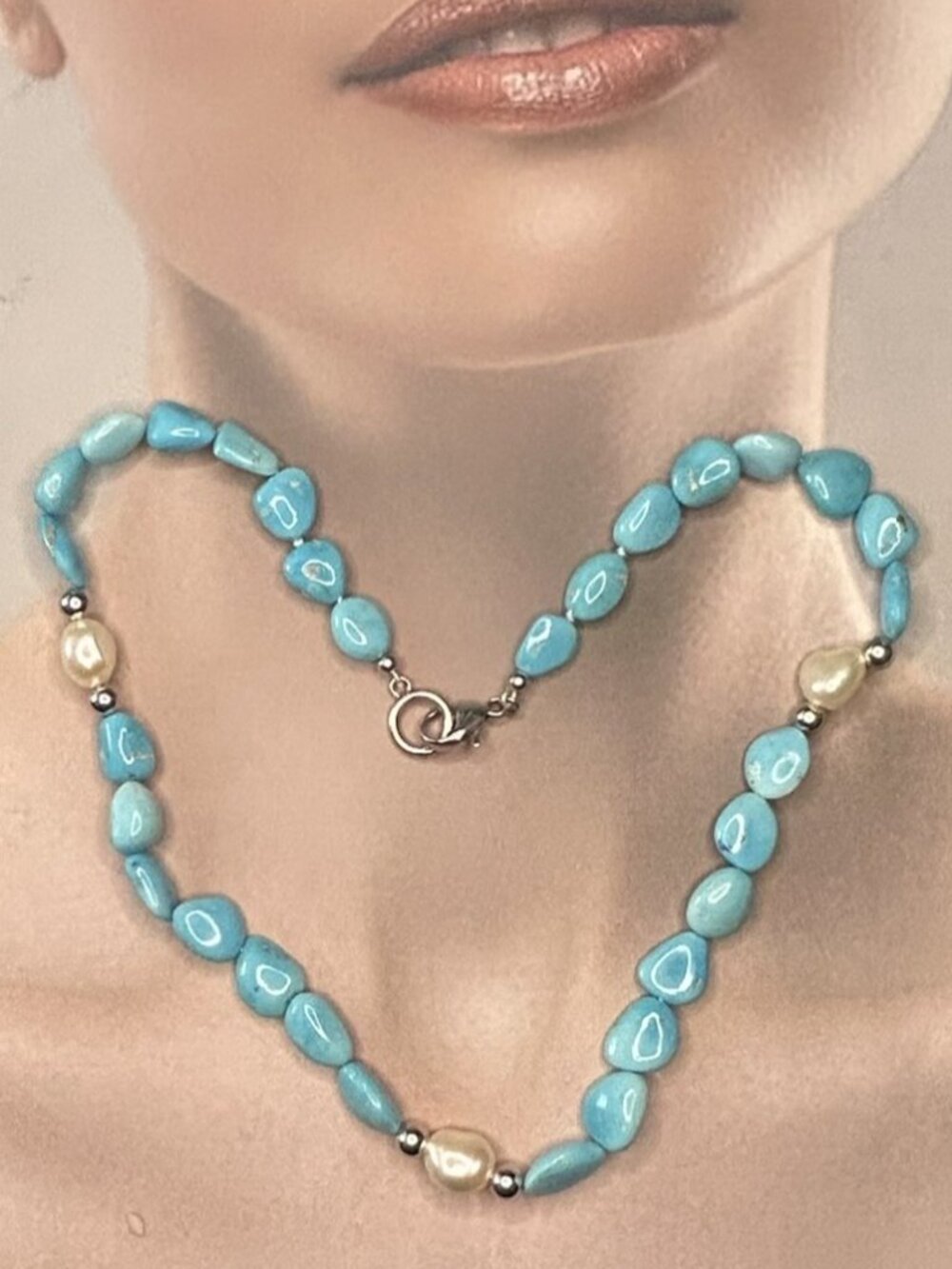 Natural Turquoise and Freshwater Pearl Necklace.